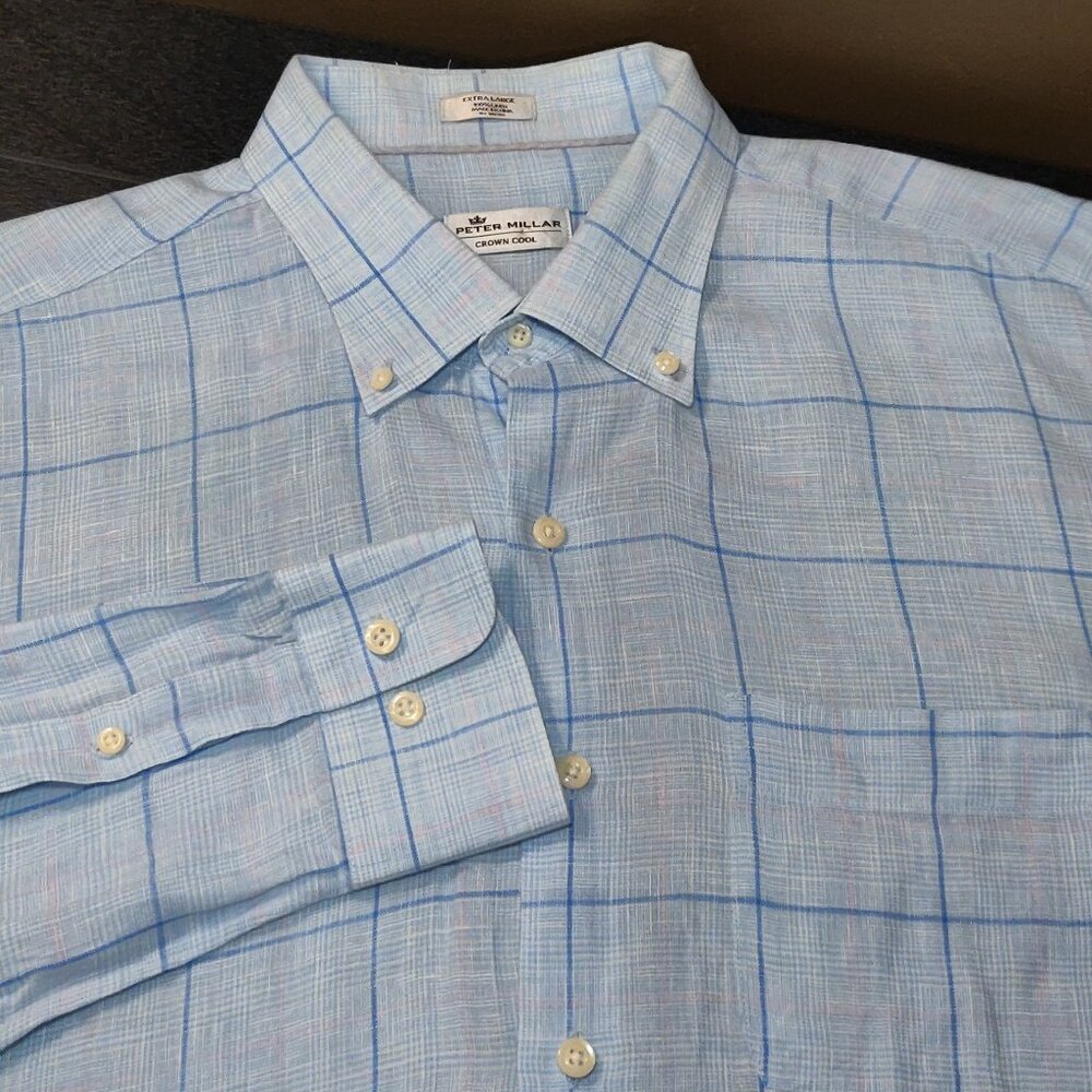 Peter Millar Crown Cool 100% Linen Light Blue Plaid Long Sleeve Button D…